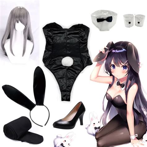 Anime Sakurajima Mai Bunny Girl Cosplay Costume Woman Black Rait Jumpsuit Halloween Wig Shoes