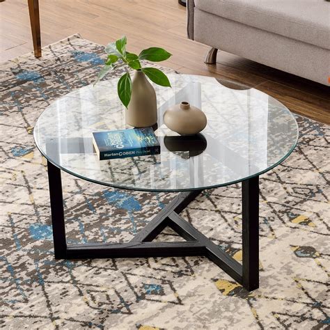 Glass Coffee Table 35 4 Round Coffee Table With Sturdy Wood Base Modern Cocktail Table With