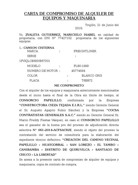 Carta De Compromiso De Alquiler De Equipos Y Maquinaria Felipe Eduardo