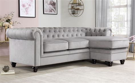 Hampton Grey Velvet L Shape Chesterfield Corner Sofa Furniture Choice