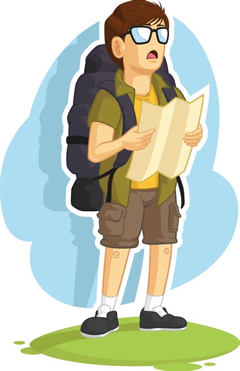 Backpacker Boy Reading Hiking Map Travel Direction Cartoon Drawing