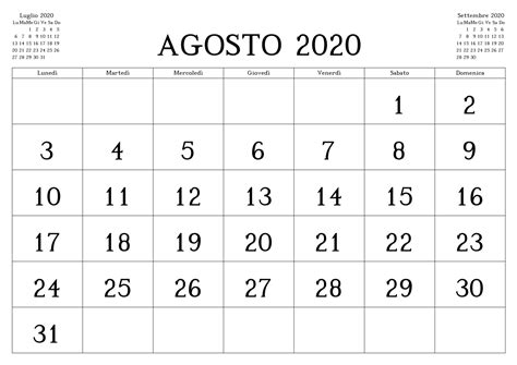 Calendario Agosto 2020 Da Stampare Gratis Calendar