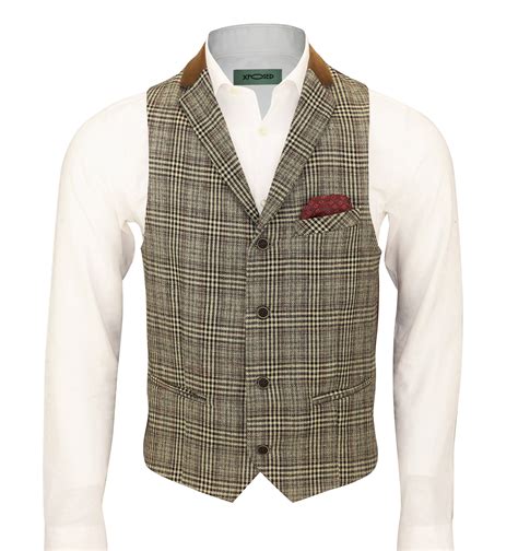 Mens Waistcoat Wool Mix Herringbone Tweed Check Velvet Collar Smart