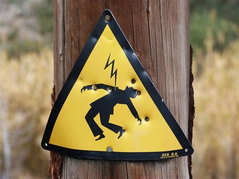 Lightning Hazard Sign Wood Post Danger Power Line Electric Shock