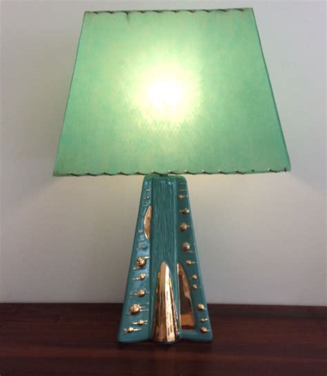 Mid Century Turquoise Ceramic Lamp With Strapped Shade Ceramic Lamp