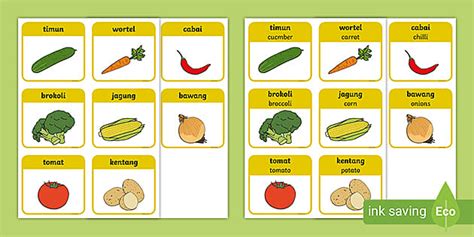 Vegetables Vocabulary Cards Indonesian Teacher Made