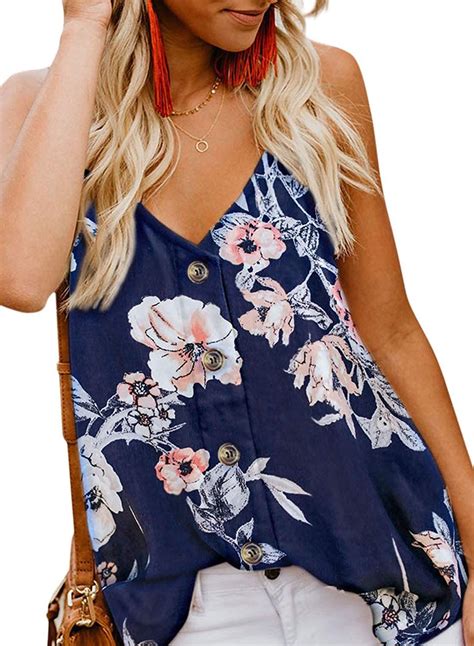 Blencot Womens Floral Print Button Down V Neck Strappy Tank Tops Loose Casual Sleeveless Shirts
