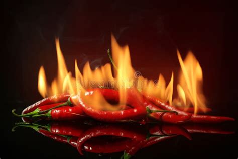 Red Hot Chili Peppers With Fire On Dark Color Background Stock Image
