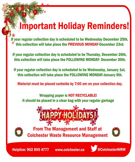 Colchester Wrm Important Holiday Reminders About Holiday