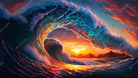 Premium Photo Colorful Ocean Wave Sea Water In Crest Shape Sunset