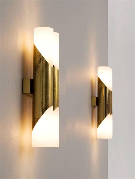 Set Of Six Brass And Opaline Glass Wall Lights Glass Wall Lights