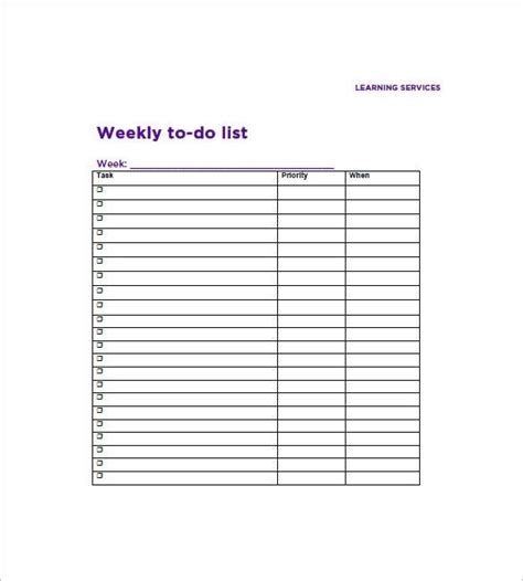Weekly To Do List Template 6 Free Word Excel Pdf Format Download