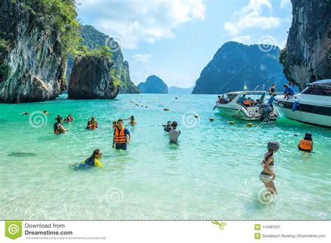 Many People Swimming And Relaxing At Railay Island In Krabi Province
