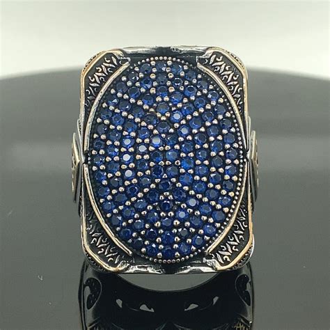 Silver Large Ring Sapphire Stone Ring Turkish Handmade Etsy