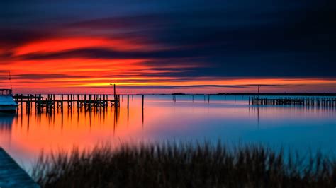 Wallpaper Sunset Red Sky Water Boat Dock 1920x1080 Full Hd 2k