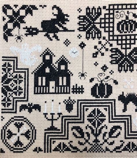 Completed Cross Stitch Jardin Prive Quaker Halloween Sampler Pagan