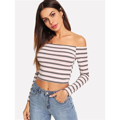 Off Shoulder Rib Knit Striped Crop Tee Fashion Women Top Outfits