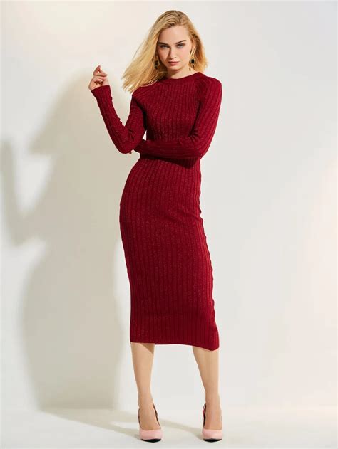 2017 Vintage Autumn Bodycon Knitting Dress Date Red O Neck Long Sleeve Mid Calf Dress Office
