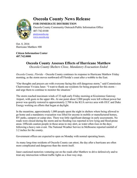 Osceola County News Release City Of St Cloud Florida