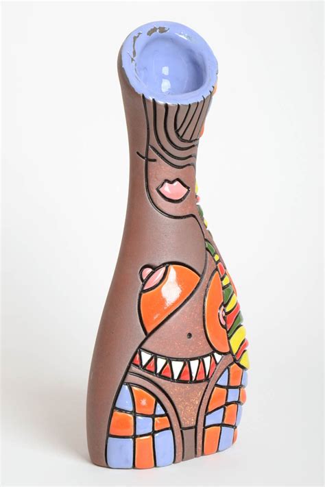 Buy 14 Inches Handmade Clay Hand Painted Vase In Surrealistic Style 2