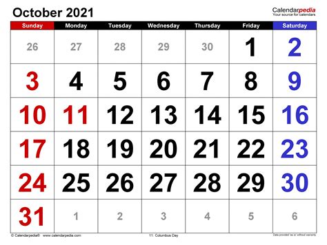 Ideal for use as a work calendar, church calendar, planner, scheduling reference, etc. October Calendar 2021 | Month Calendar Printable