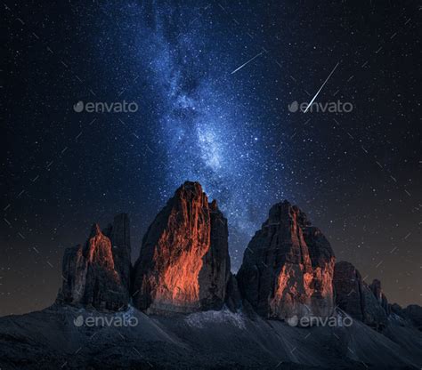 Tre Cime Di Lavaredo And Milky Way At Night Dolomites Stock Photo By