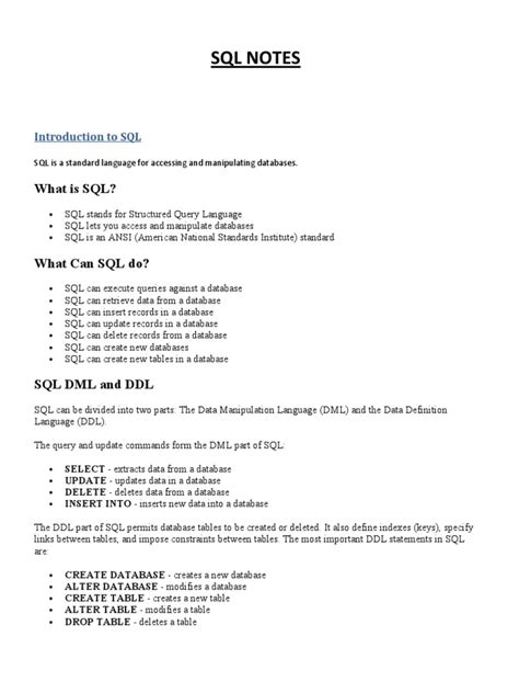 Complete Sql Notes Sql Database Index