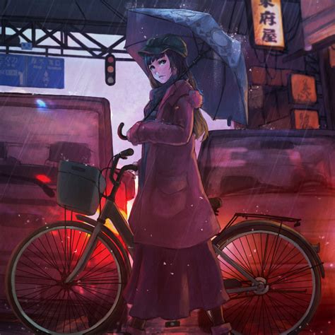 2048x2048 Anime Girl Cyle Rain Umbrella Ipad Air Hd 4k Wallpapers