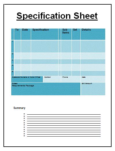 Specification Sheet Template Free Sheet Templates