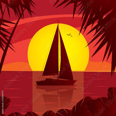 Side View Silhouette Of A Sailing Boat At Sunset Which Floating On The