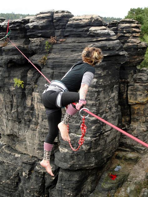 Barefoot Girls Slackline Rock Climbing