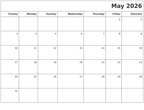 May 2026 Printable Blank Calendar