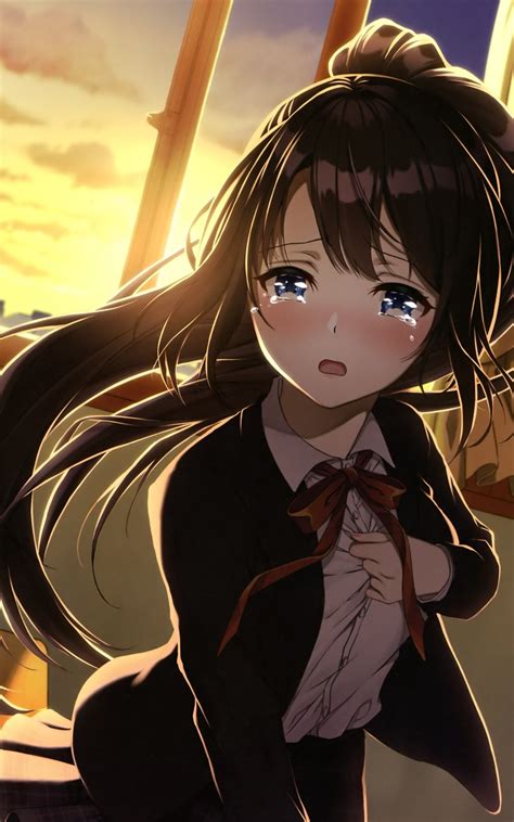 Download 1600x2560 Anime Girl Crying Classroom Sad Face Brown Hair School Uniform Sunset