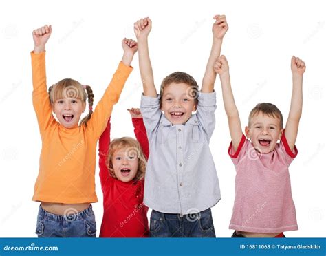 Happy Children With Their Hands Up Stock Image Image Of Four Smiling