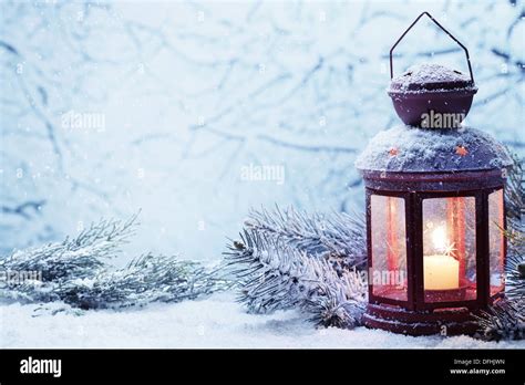 Christmas Lantern With Snowfallcloseup Stock Photo Alamy