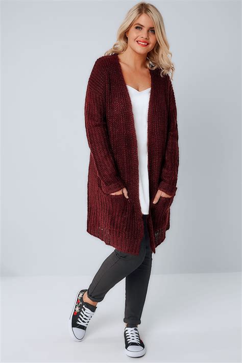 Berry Longline Chunky Knit Cardigan With Pockets Plus Size 16 To 36