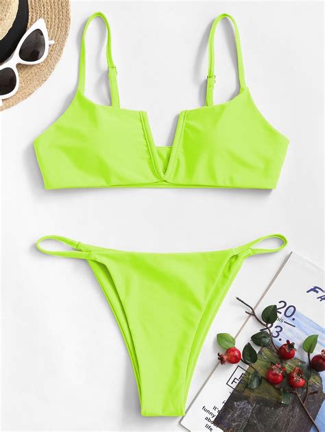 49 Off Popular 2020 Zaful Wired V Notch Bikini Swimsuit In Green