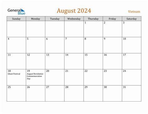 Free August 2024 Vietnam Calendar