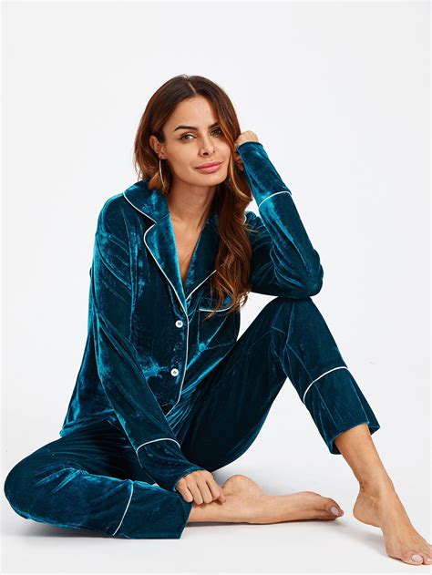 Shop Notch Collar Binding Pocket Top And Pants Pajama Set Online Shein