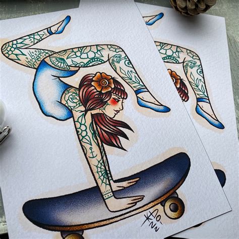 Skateboarding Girl Traditional Tattoo Flash Print Tattooed Etsy