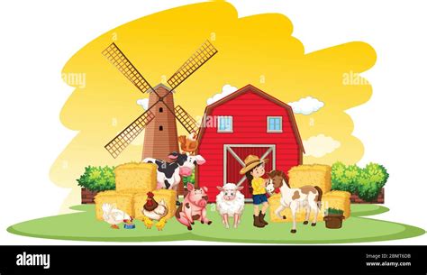 Farm Scene With Farmer And Many Animals On The Farm Illustration Stock