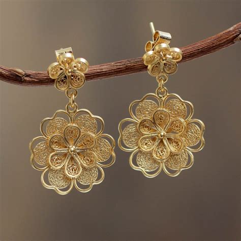 Gold Plated Filigree Handmade Flower Dangle Earrings Yellow Rose Novica