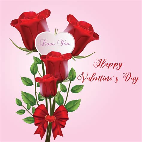 Happy Valentines Day Greetings Card With Realistic Red Rose Vector