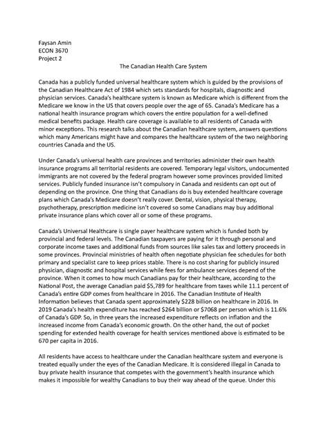 Project 2 Essay Faysan Amin Econ 3670 Project 2 The Canadian Health