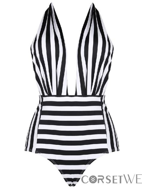 Buy Cheap Backless Deep Plunge High Waist Black White Stripe Swimwear