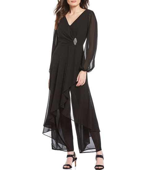 Marina Chiffon Overlay Long Sleeve V Neck Jumpsuit Dillard S Black Long Sleeve Dress Women