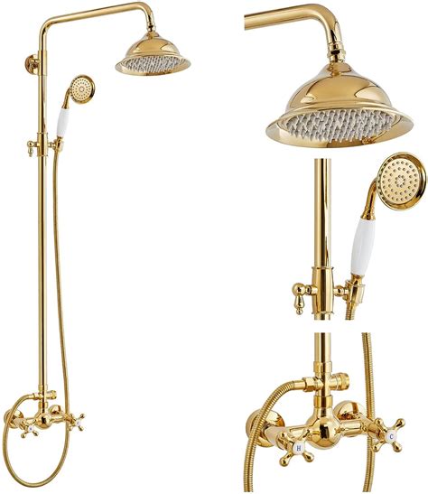 Gotonovo Polish Gold Exposed Bathroom Shower Faucet 8 Inch Rainfall Shower Head System Handheld