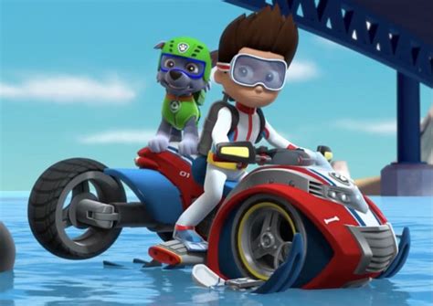 Rocky Riding With Ryder On His Hovercraft In Paw Patrol Episodes