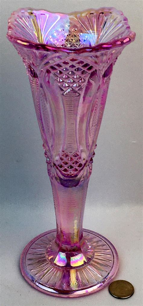 Lot Vintage Mosser Diamond Fan Iridized Passion Pink Carnival Glass Us Fluted Vase