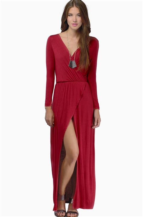 Red Long Sleeve V Neck Wrap Front Maxi Dress Maxi Dress Dresses